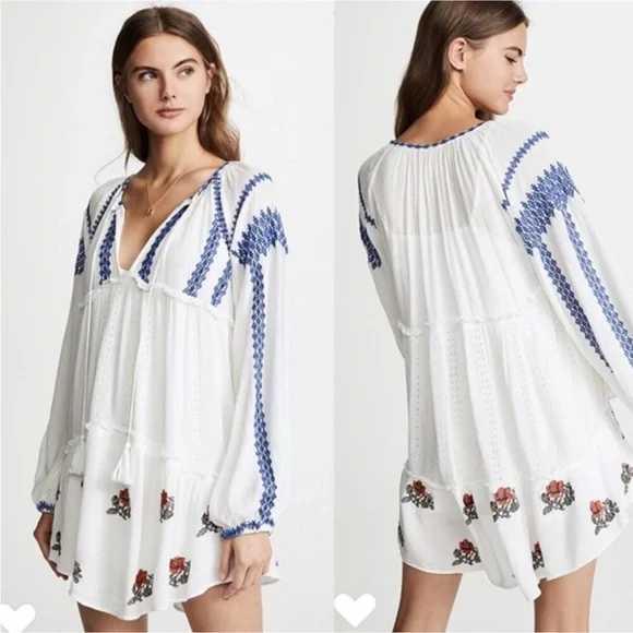 Free People Wild Horses Boho Ethereal Embroidered Mini Dress White Blue XS - Picture 15 of 15